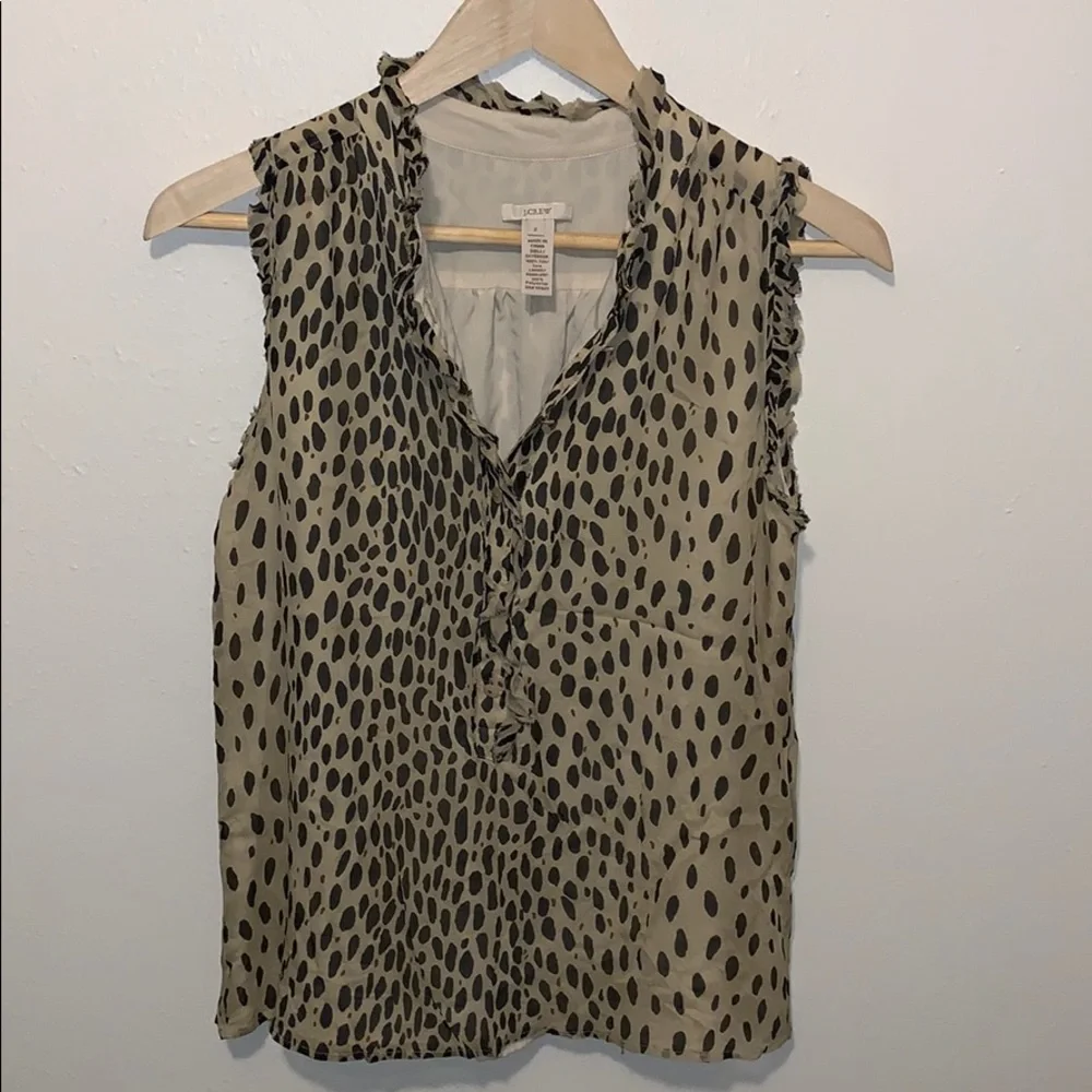 J Crew 2 Silk Natasha Wildcat Leopard Blouse Ruffle Sleeveless
